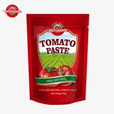 80g διπλής συμπυκνωμένης ζύμης ντομάτας συσκευασμένη σε ανοιχτή σακούλα με επίπεδα καθαρότητας που ποικίλλουν από 30% έως 100%
