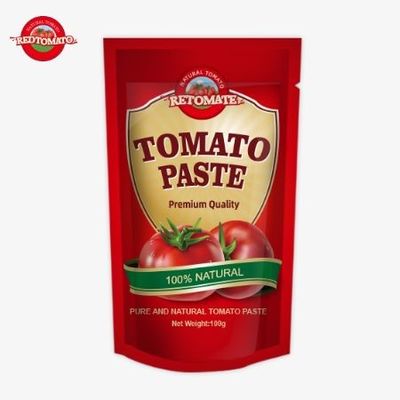OEM 100g Stand-Up Sachet περιέχει διπλή συμπυκνωμένη ζύμη ντομάτας με καθαρότητα που κυμαίνεται από 30% έως 100%